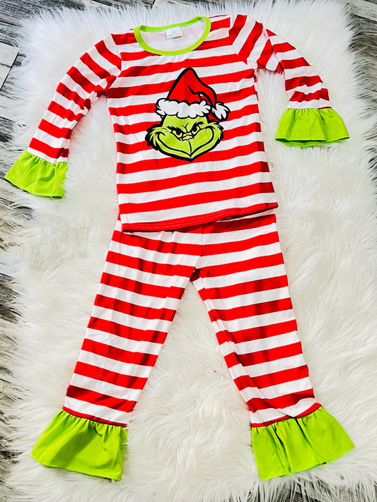 Grinch Stripe Christmas Pajama Set Girl