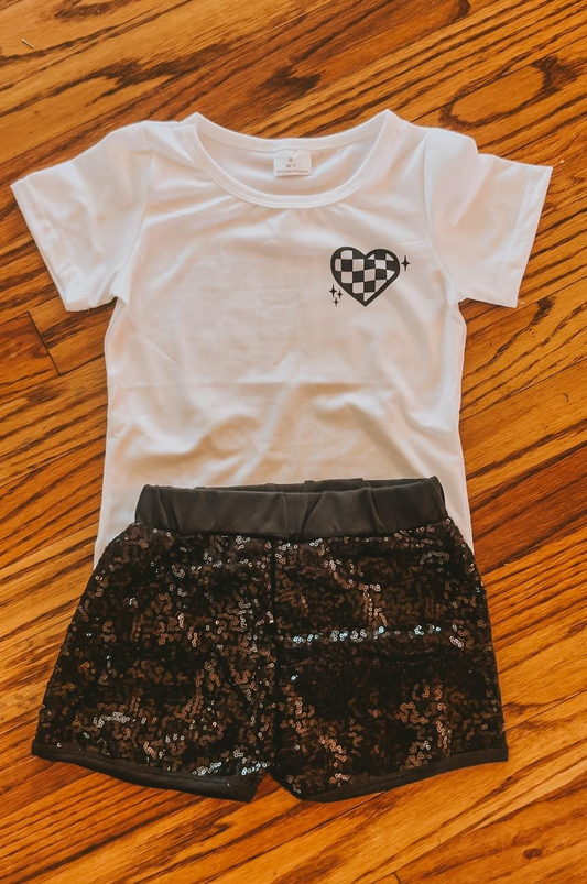 t-shirt + black sequins shorts set girl