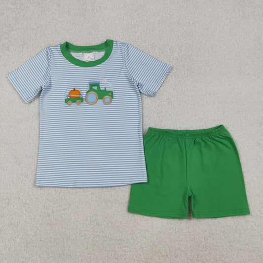 green pumpkin tractor embroidery boy shorts set