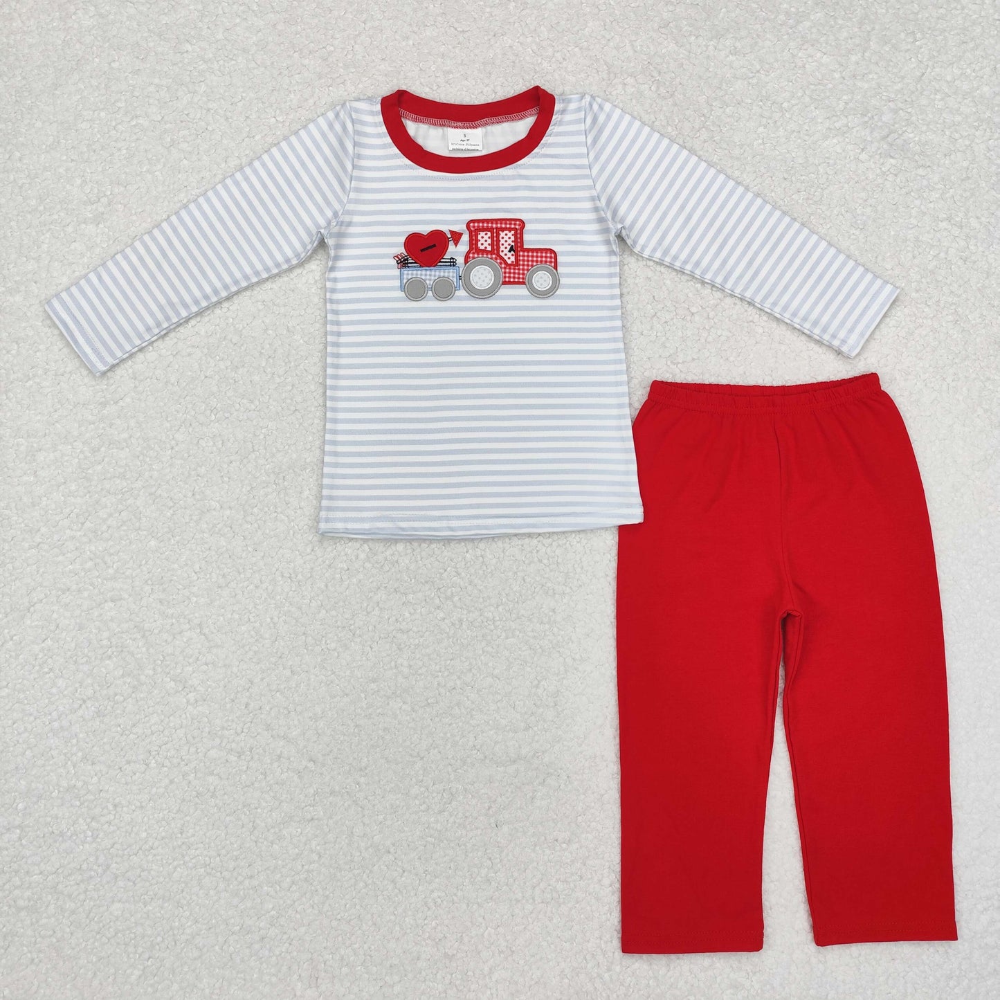 embroidery valentine tractor boys pants set