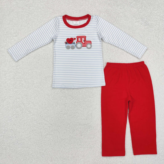 embroidery valentine tractor boys pants set