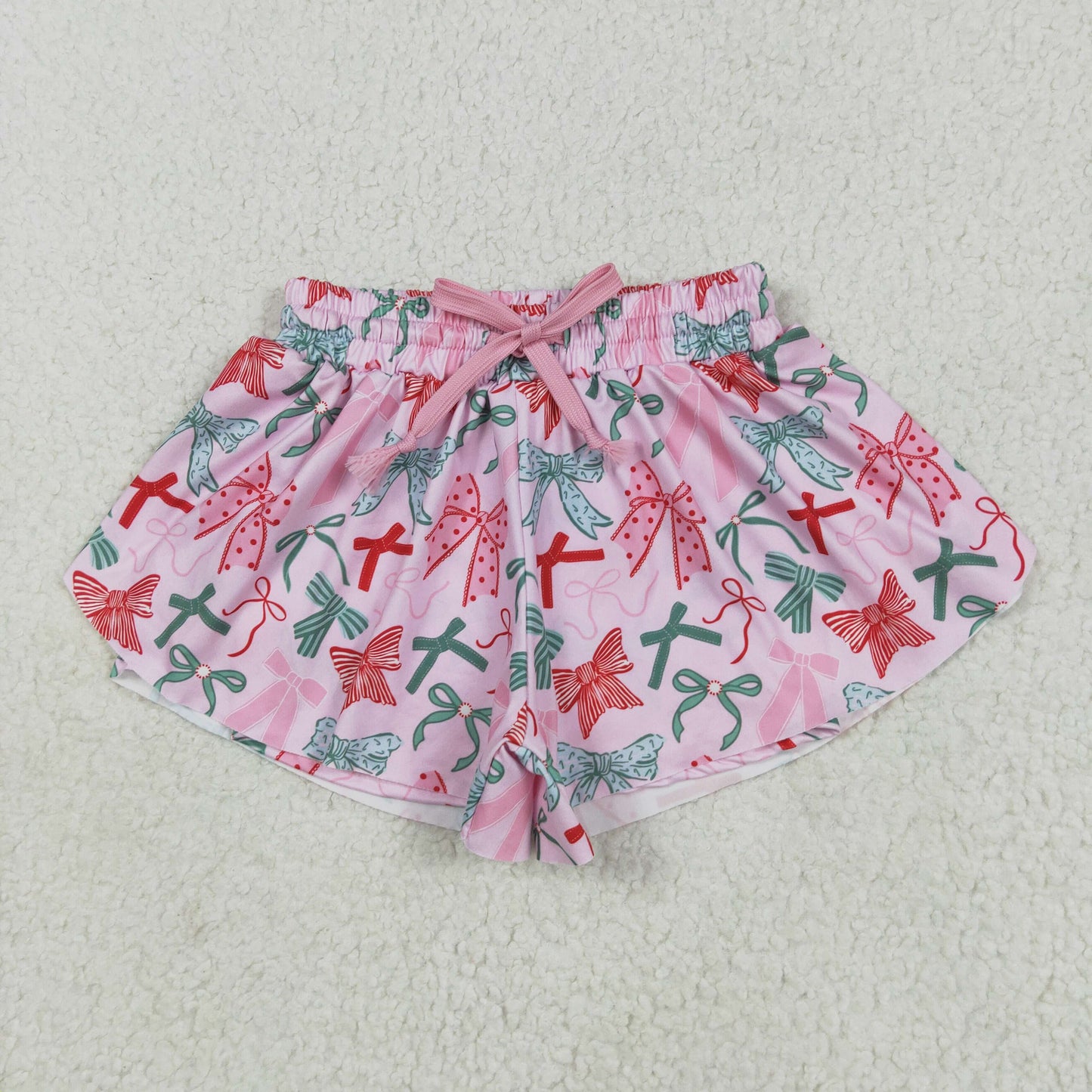 pink red green bow coquette wide leg shorts