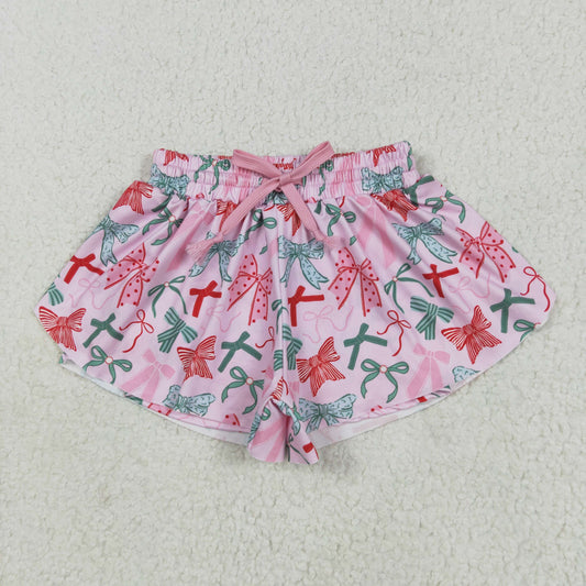 pink red green bow coquette wide leg shorts