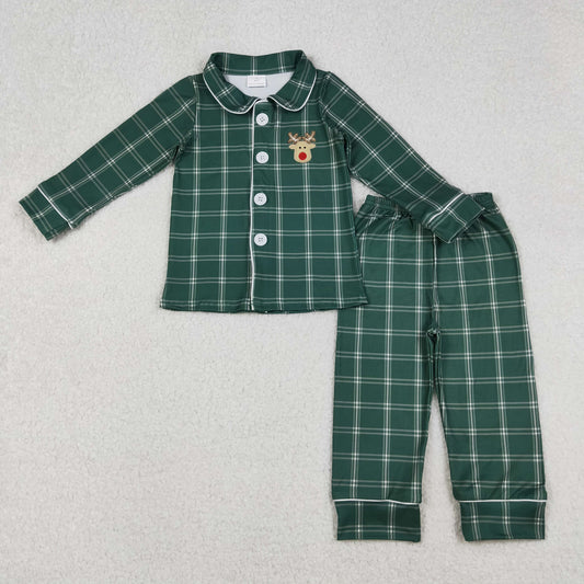 green plaid baby boy christmas button down pajama set with deer embroidery