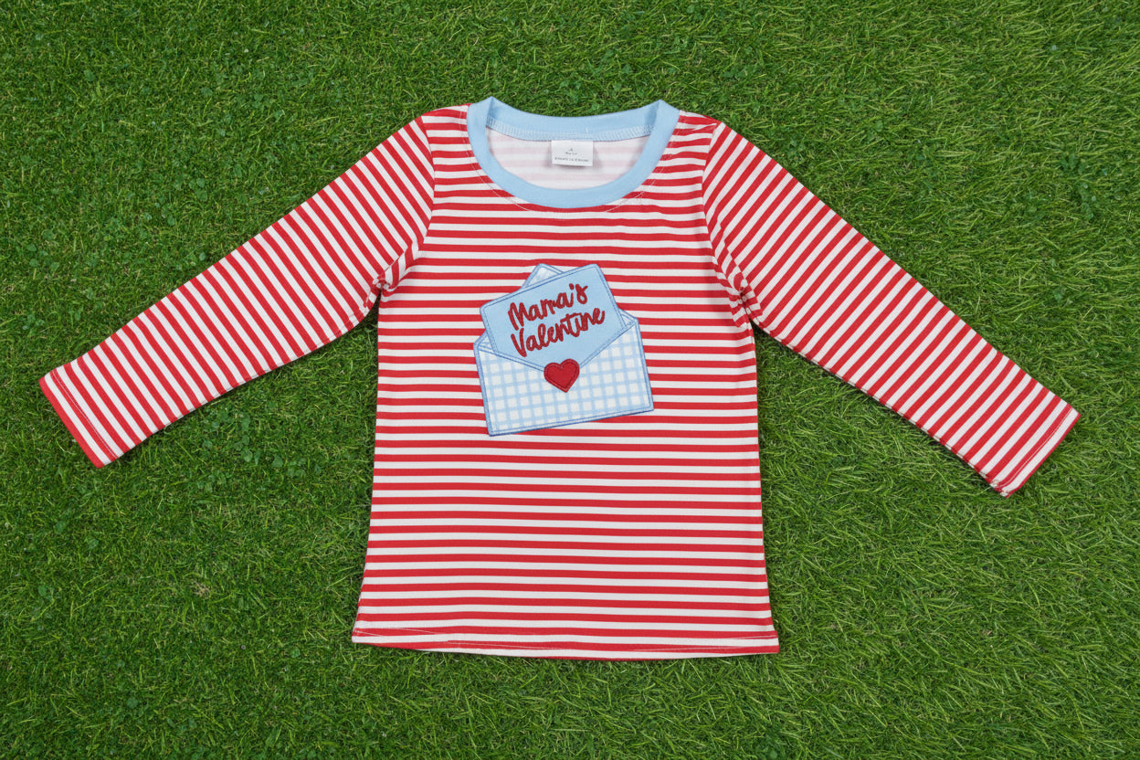 mama's valentine embroidery red stripes boy shirt