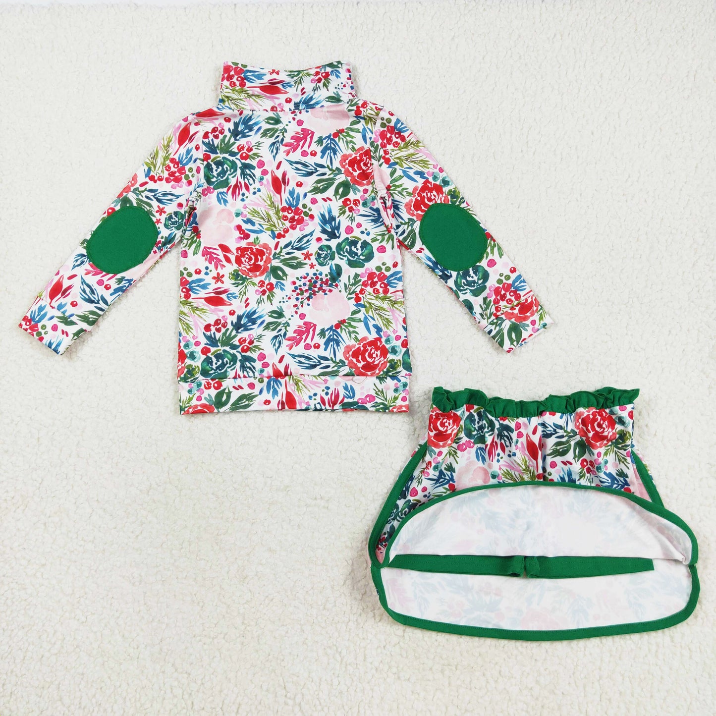 long sleeve red green Christmas flower zip pullover skort set outfit