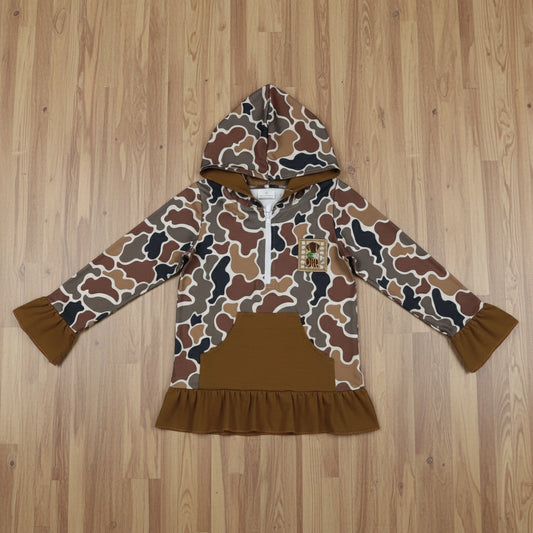hunting dog embroidery ruffle camo hoodie fall girls top