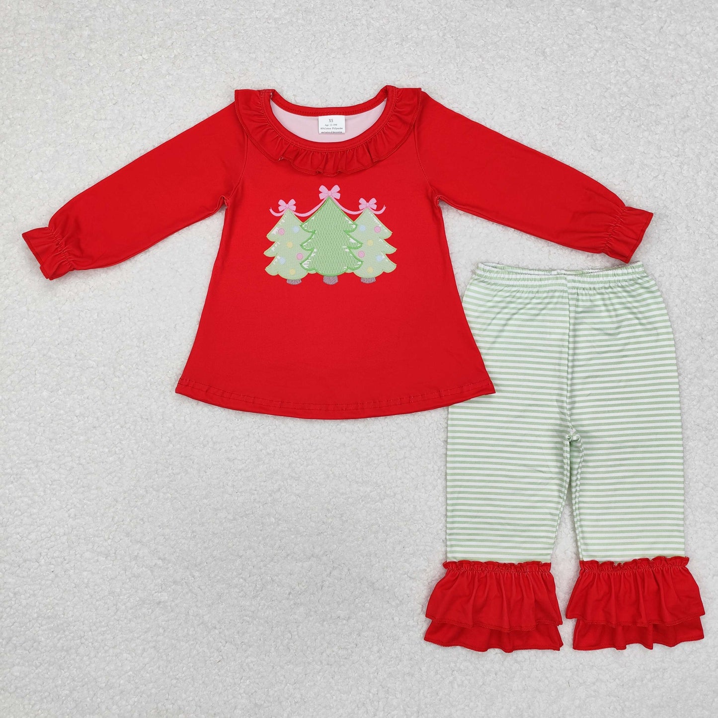 girl Christmas tree print ruffle pants set red