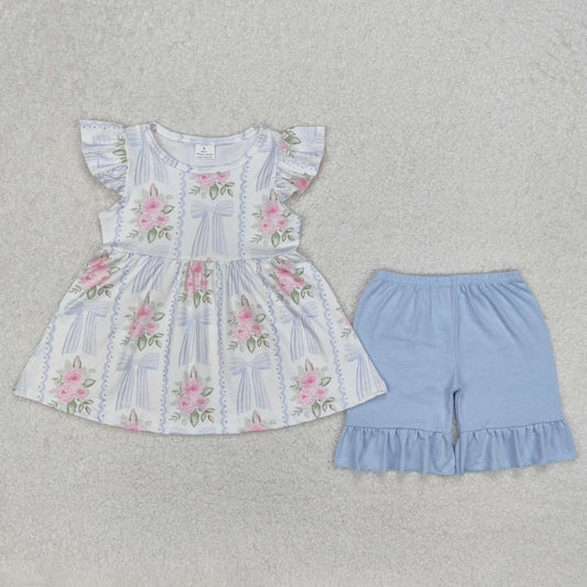 flower and coquette ruffle shorts set