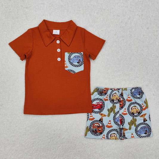 cartoon cars polo shorts set boys clothes