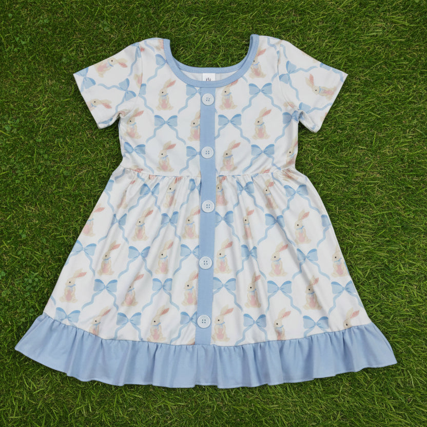 rabbit and blue bow print button ruffle twirl dress