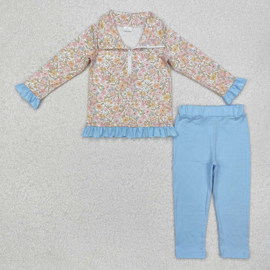 floral zip shirt blue legging set fall girls outfit