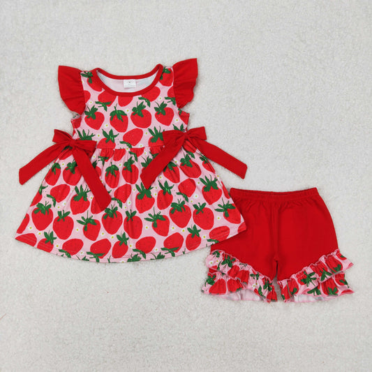 red strawberry ruffle shorts set