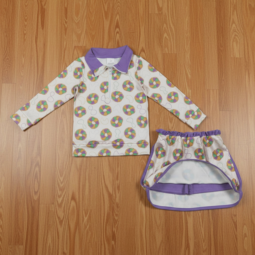 mardi gras king cake long sleeve zip pullover skort set outfit