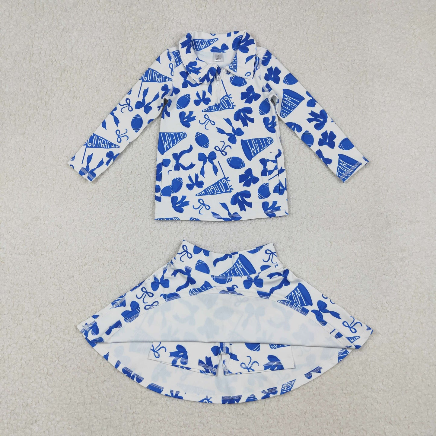 go team fight win football blue bows two piece zipper athletic skirts outfit