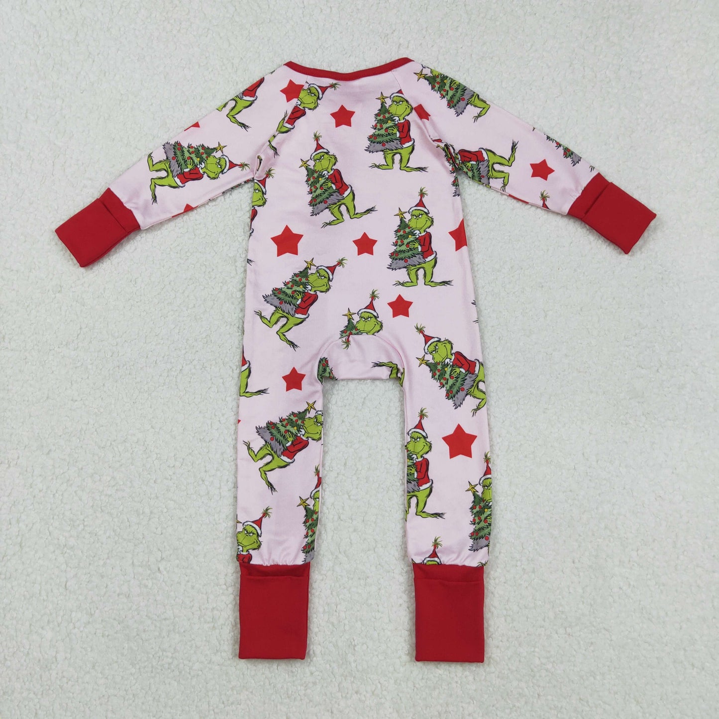 red stars Christmas tree gri*ch ruffle zip sleeper