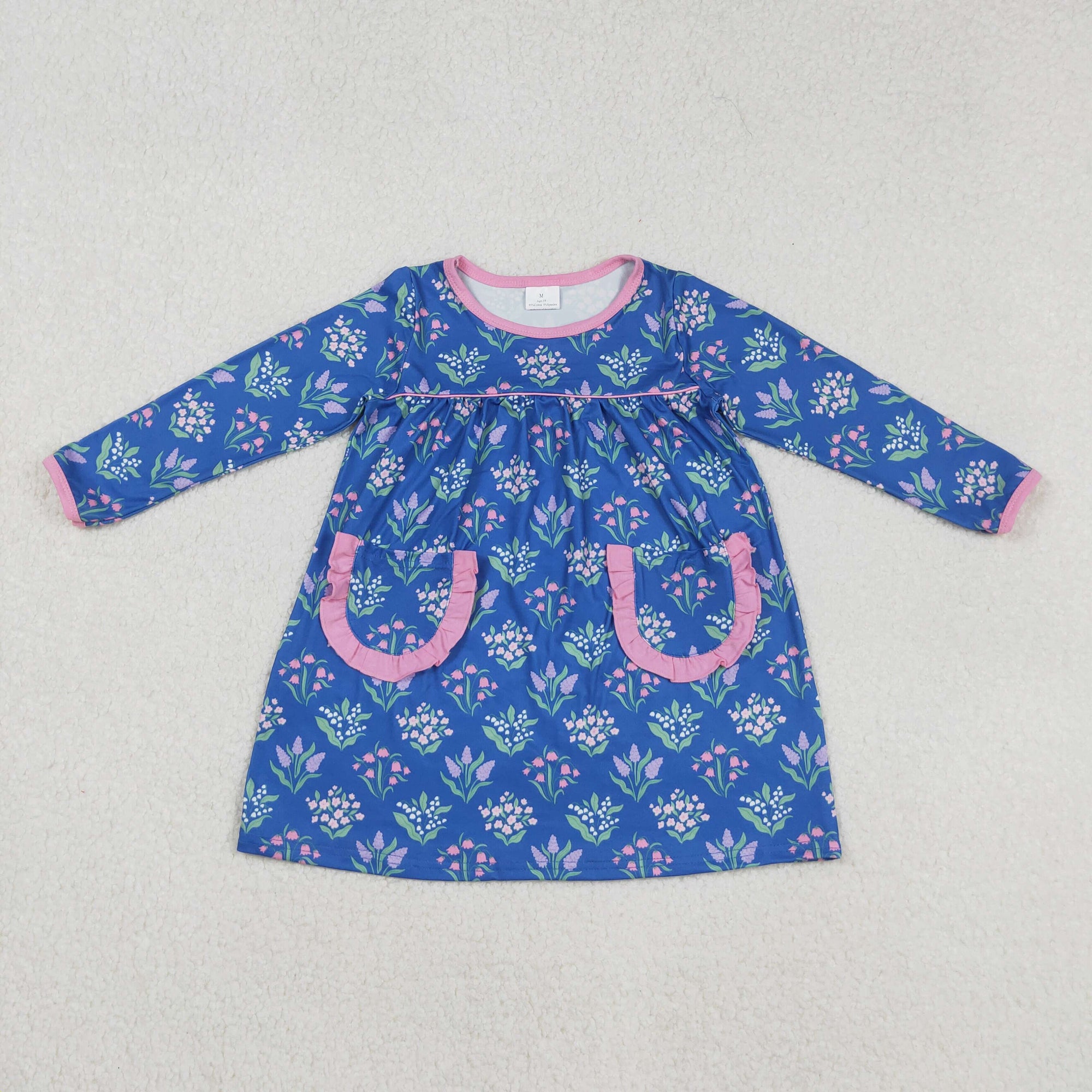 blue long sleeve floral dress with pocket
