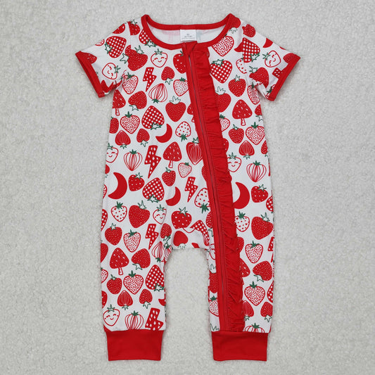 short sleeve red strawberry ruffle baby girl zip sleeper