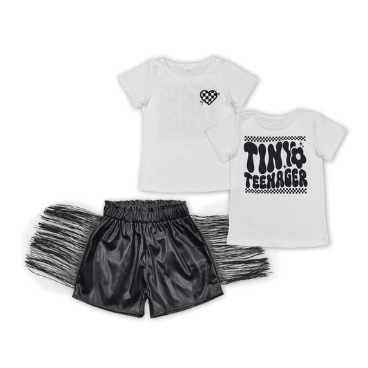 white tee black leather shorts set girl outfits