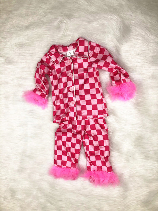 pink checkered girl button pajama set