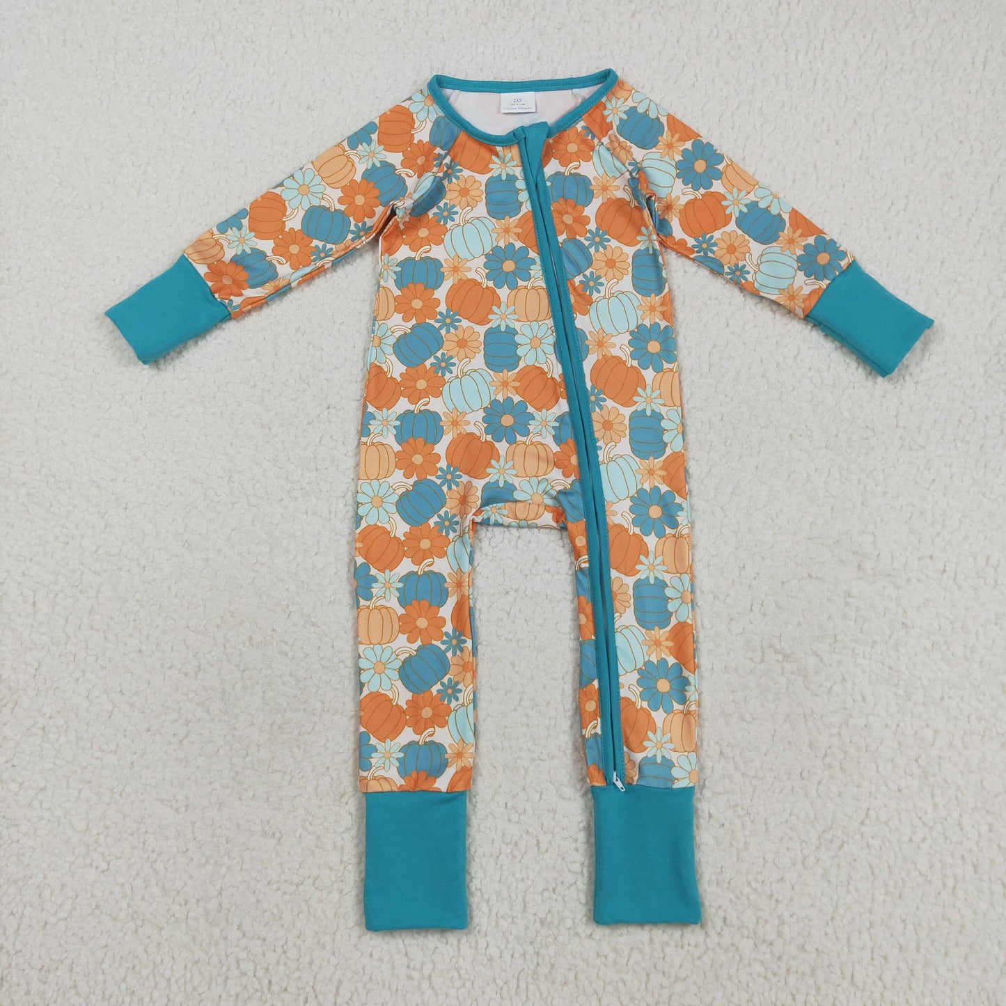 long sleeve floral blue pumpkin girl zip sleeper