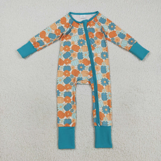 long sleeve floral blue pumpkin girl zip sleeper