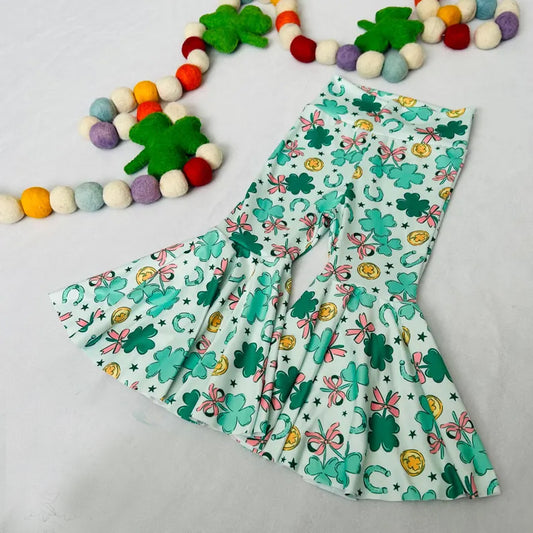 MOQ 8 TAT 6-8 weeks green lucky leaf baby girl bell bottom pants