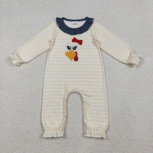 Thanksgiving day stripes turkey embroidery baby girl romper