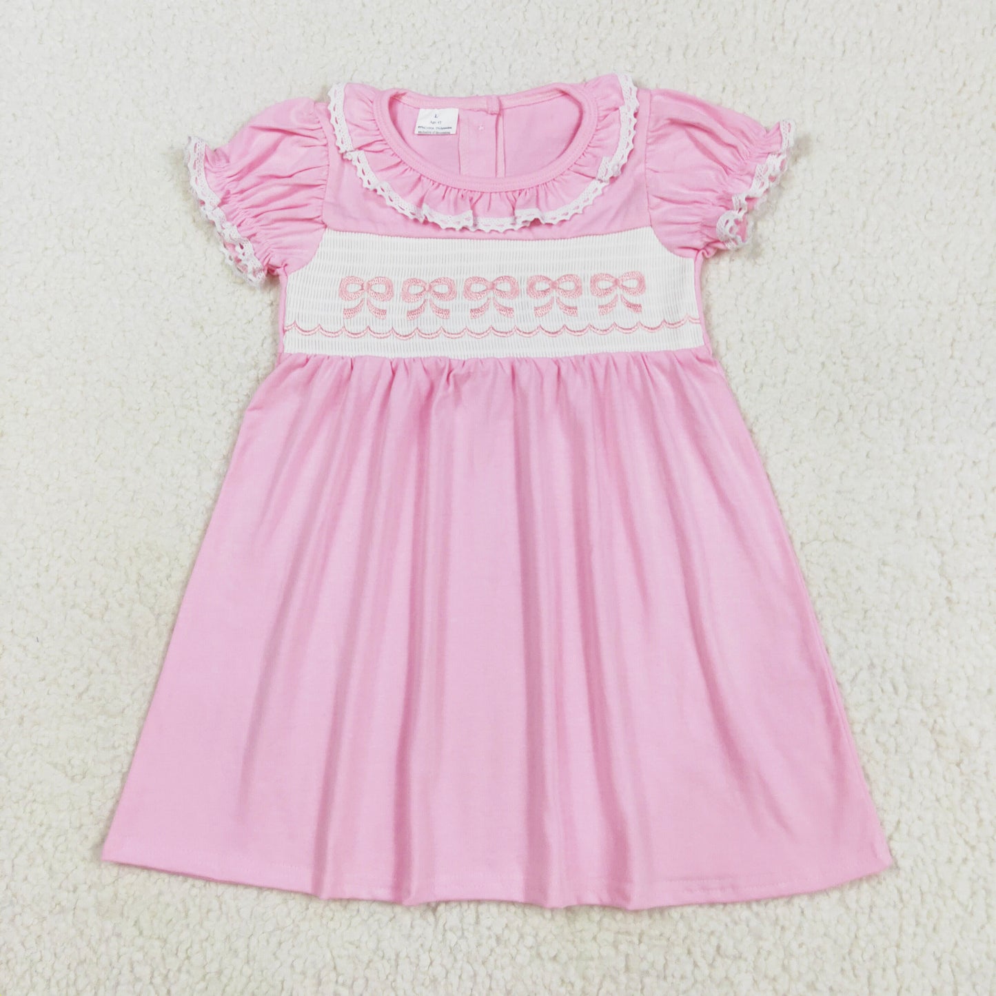 cotton pink bow embroidery smock dress