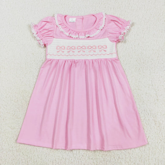 cotton pink bow embroidery smock dress