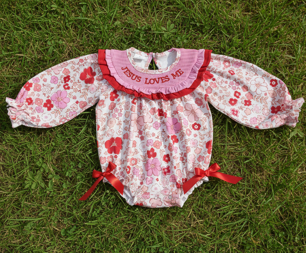 red flower jesus loves me embroidery smock romper baby clothes