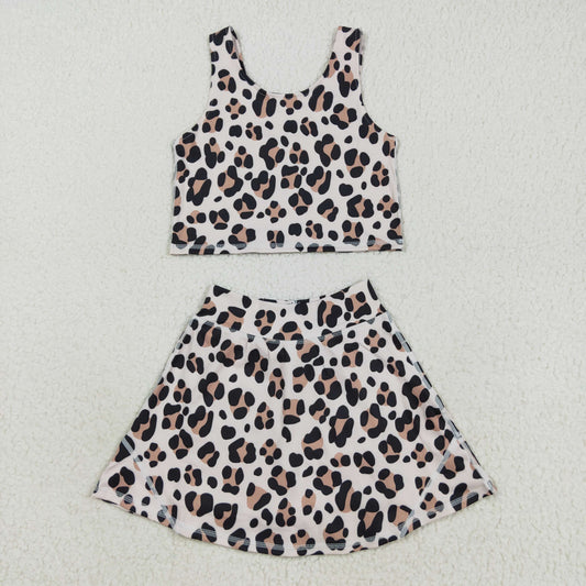 leopard two pieces athletic skort dress set