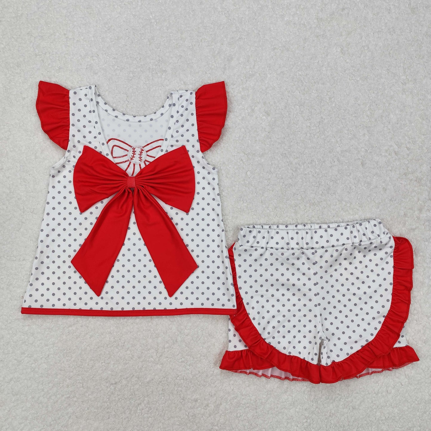 polk dots baseball bows embroidery shorts set