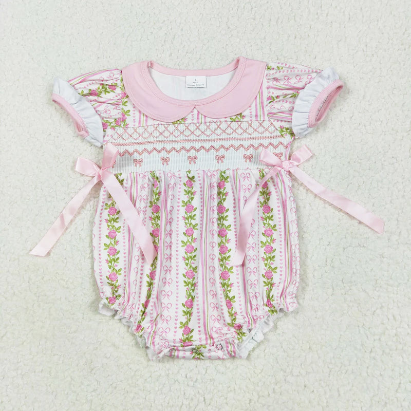 Floral Pink Bow Embroidery Smock Sisters Matching Clothes