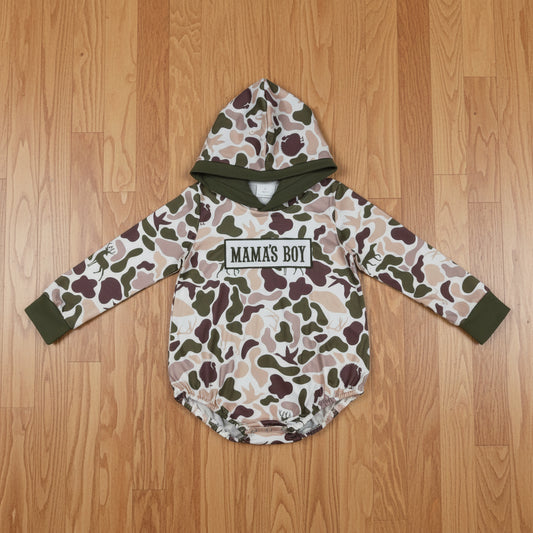 mama's boy embroidery camo hooded romper