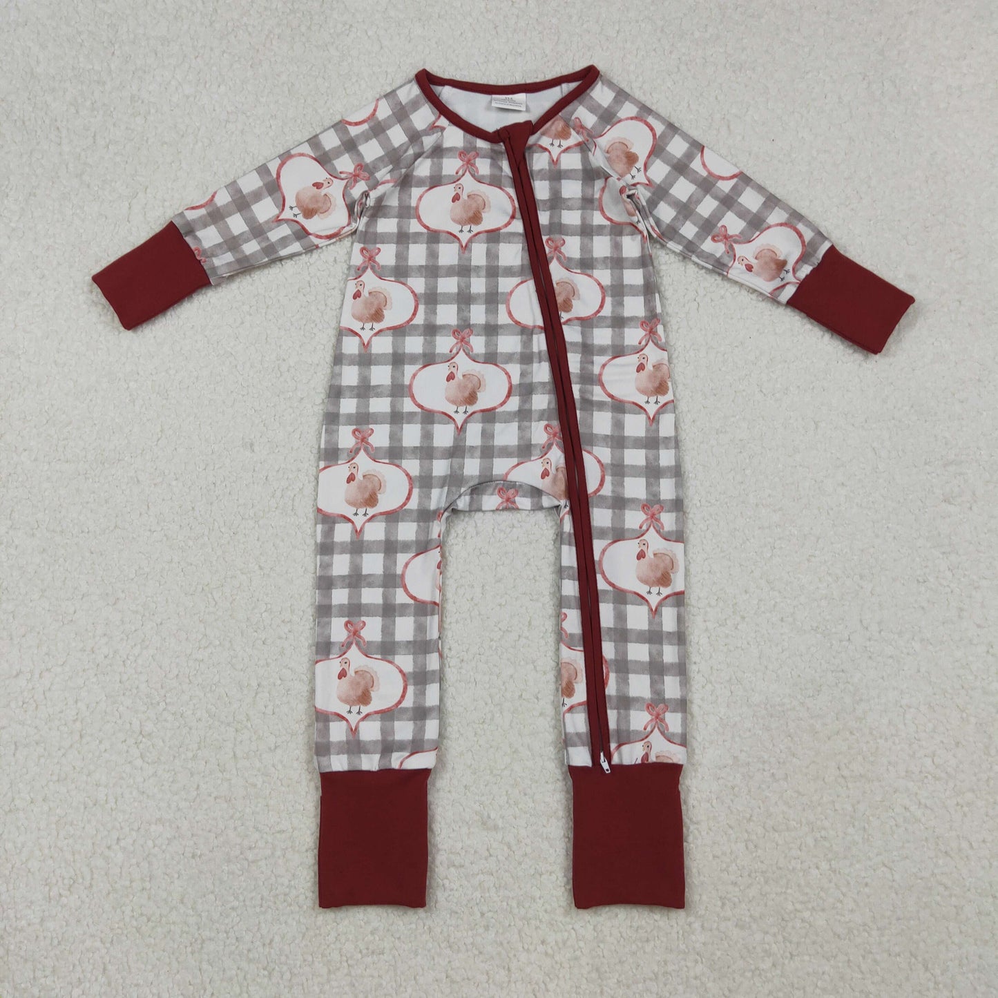 grey plaid turkey print thanksgiving day baby boy zipper sleeper infant pajama