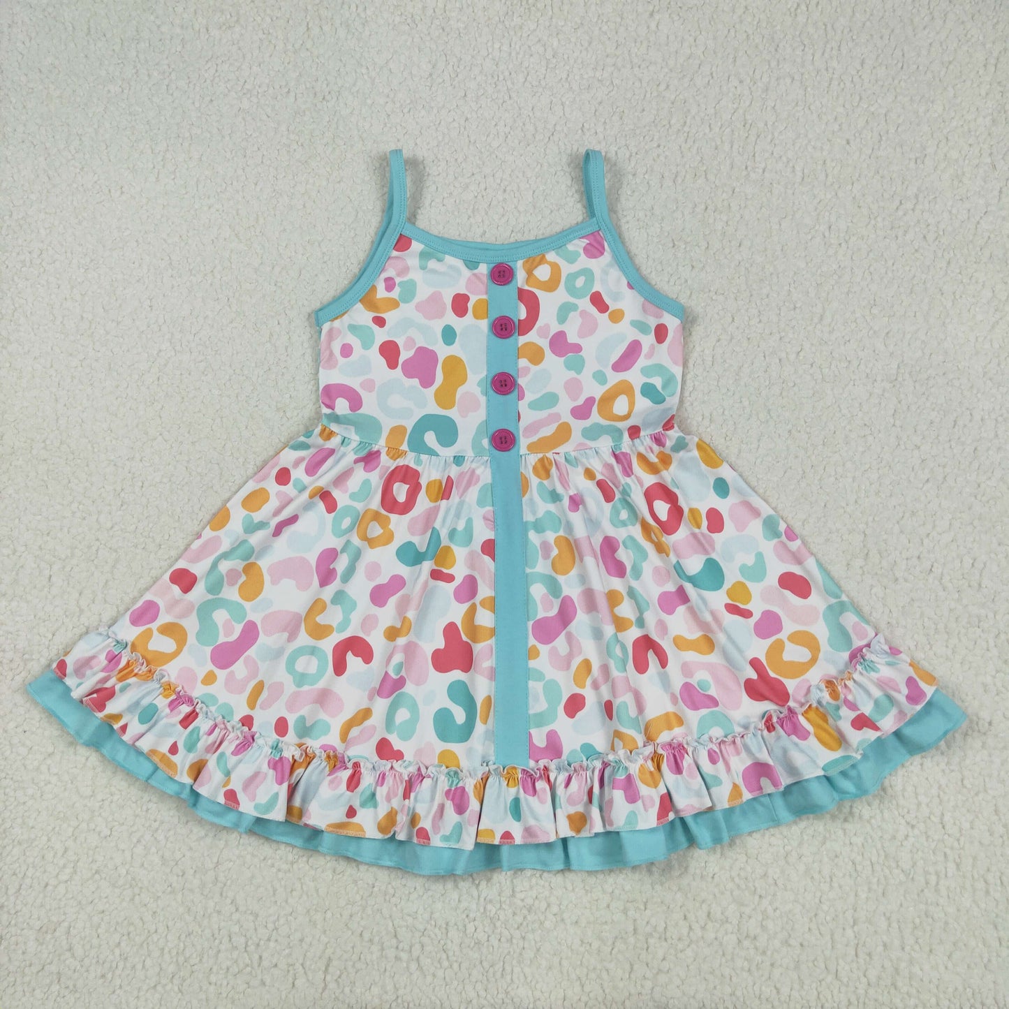 rainbow leopard ruffle button strap dress