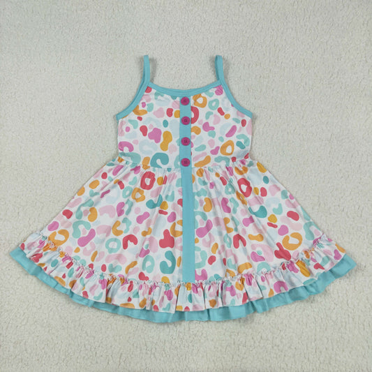 rainbow leopard ruffle button strap dress