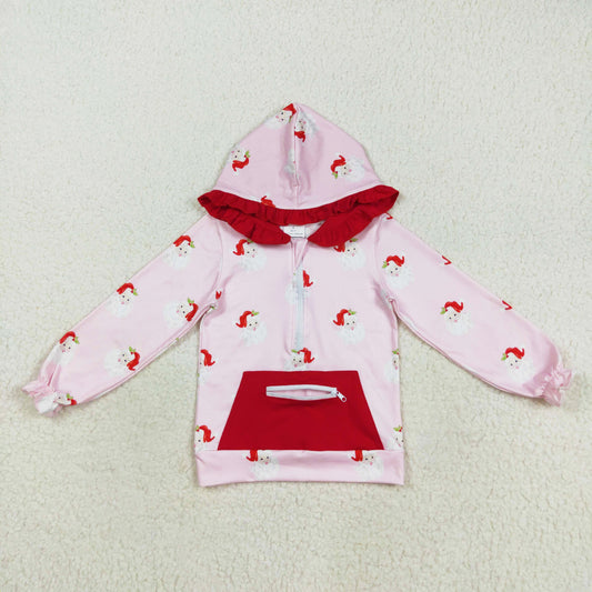 pink santa print zip hoodie top with pocket