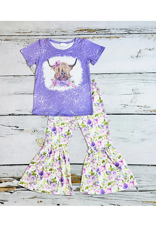 Lavender bull & floral print 2pc short sleeve set