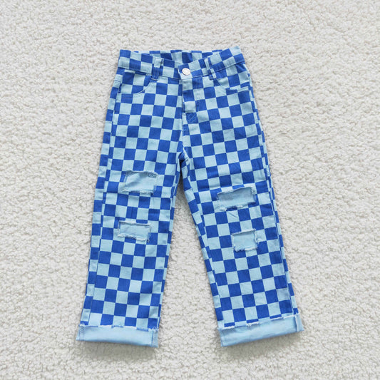 western kids blue checked denim pants with hole