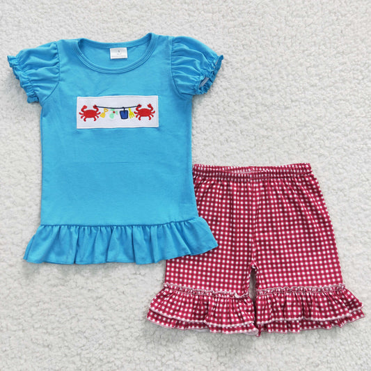 blue red crab embroidery girl shorts set