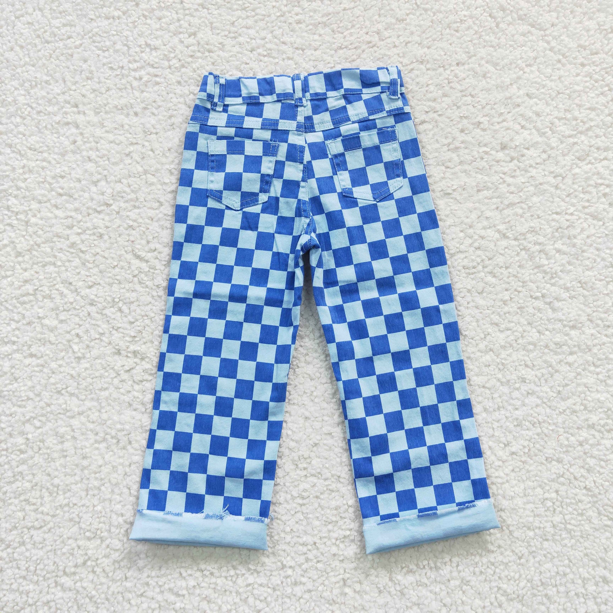 western kids blue checked denim pants with hole
