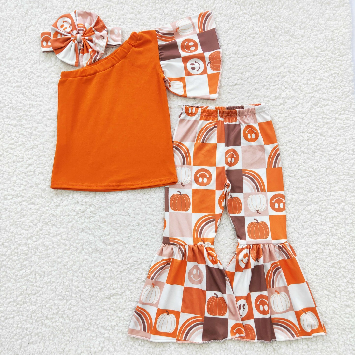 kids fall clothing orange smiley pumpkin girl outfit with bow