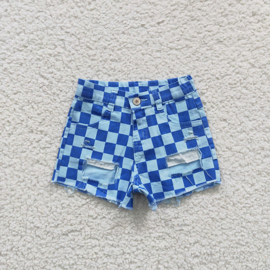 western kids blue checked denim shorts with hole