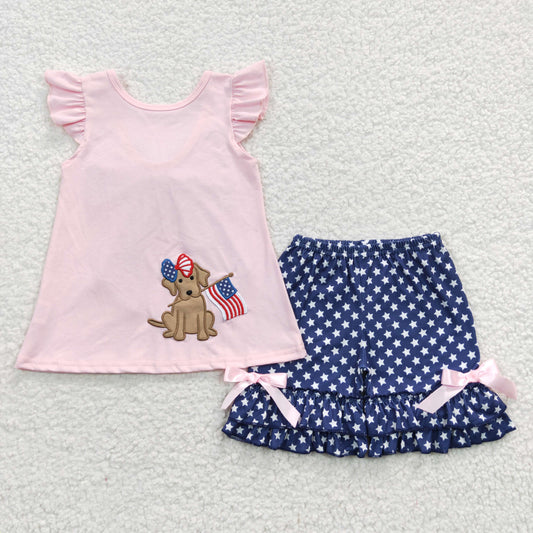 4th of july pink cotton embroidery star ruffle shorts set girl
