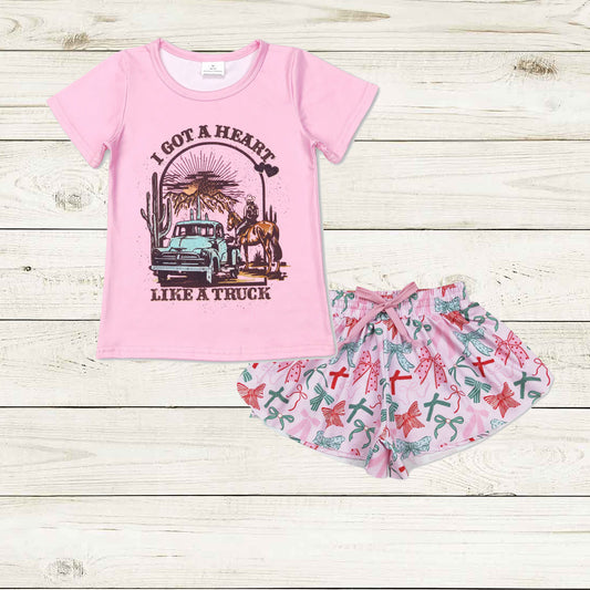 pink tee bow print shorts set