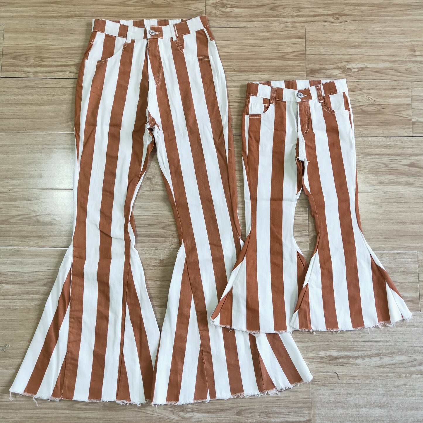 adult ladies brown stripe denim bell pants