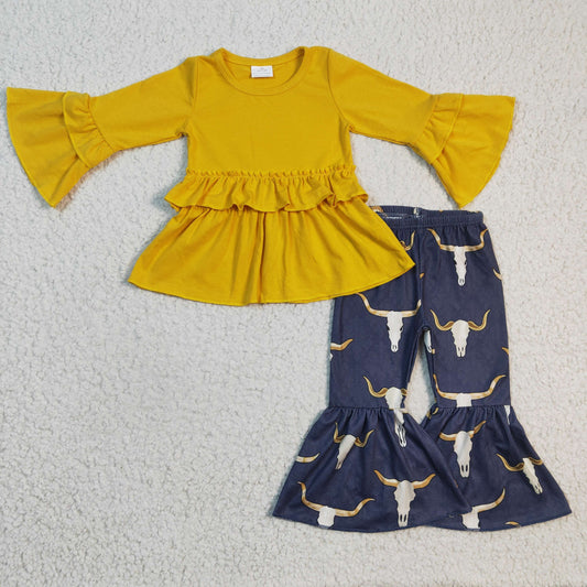ginger color ruffle cotton top and navy blue skull pants set