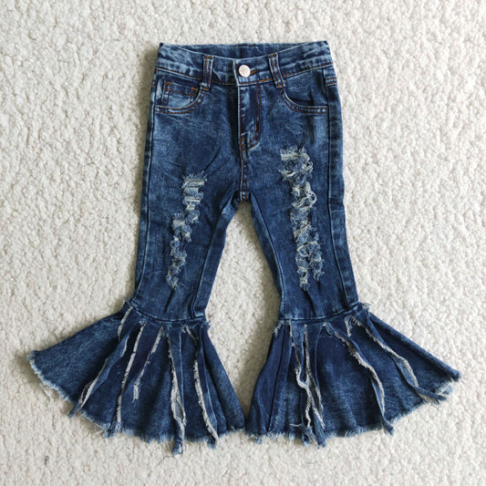 Dark Blue Flare Jeans with Hole Tassel